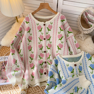 女性用ニットセーターカーディガンコートレディース秋冬冬甘い花刺繍ニットブラウス工場 - Product Image 2