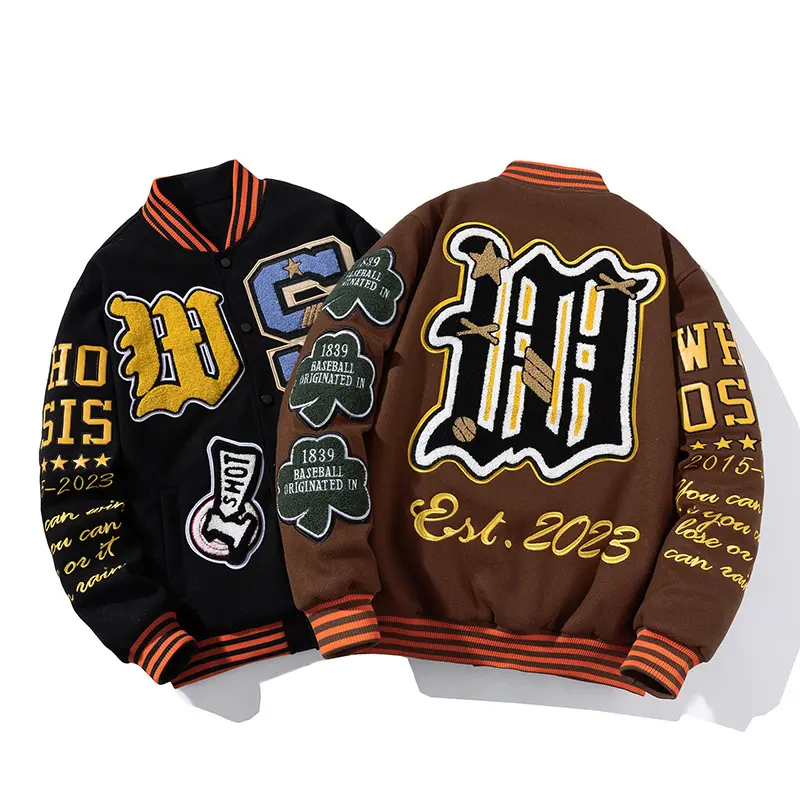 Custom Letter Winter Woolen Coat Thick Warm Outwear Parkas Brown Hip Hop Baseball Embroidery Varsity Jacket For Men