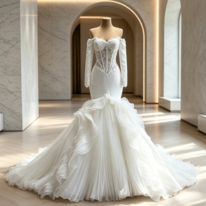 Robe de mariée sirène vintage Ocstrade <span class=keywords><strong>à</strong></span> épaules dénudées, manches longues, corset en dentelle, plissée en mousseline, volants évasés, longue traîne - Product Image 1