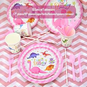Fournitures de fête d'anniversaire Inosaur pour filles, décorations de fête dinosaures roses, ballons en latex, vaisselle, assiettes, nappe - Product Image 5