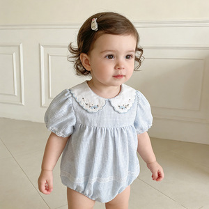 Tutina estiva blu per bambina, ricamata, con colletto Peter Pan, maniche a sbuffo, finiture in pizzo, tutina in cotone, <span class=keywords><strong>body</strong></span> per neonati 0-24 mesi, vestiti per bambini - Product Image 2