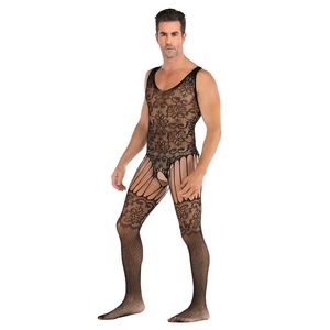 Men's Black <b>Fishnet</b> Bodysuit With Lace Pattern Mid-Rise Spandex Nylon Sexy Underwear - Product Image 1