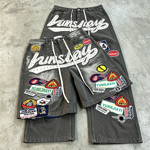 YSJY OEM Jeans à jambes larges personnalisés pour hommes, streetwear, denim vintage, <span class=keywords><strong>pantalon</strong></span> Y2K avec appliques, broderies, <span class=keywords><strong>pantalon</strong></span> en denim graphique - Product Image 2