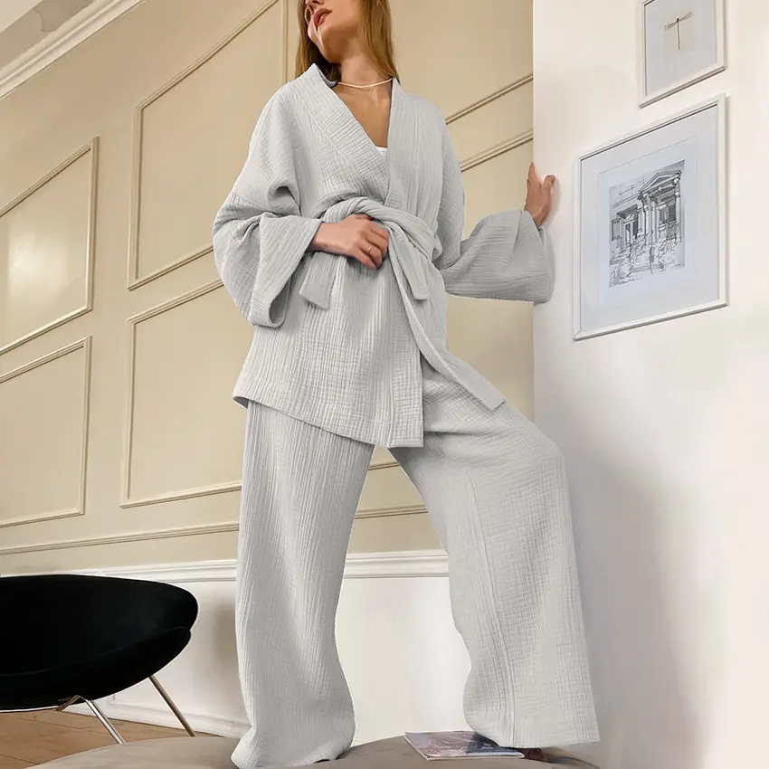 NANTEX – ensemble de pyjama en lin personnalisé, couleur unie, manches longues, boutons, Beige