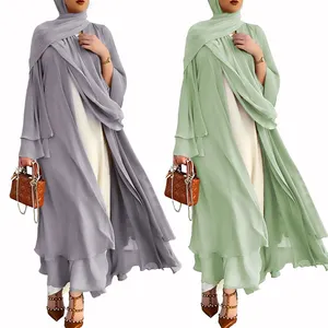 Wholesale Kimono Open Abaya New Modest Fashion Layered Long Sleeve Cardigan Women Muslim Dress Dubai Islamic Clothing