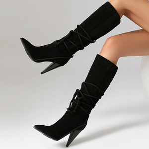 Big Size 47 Pointed Toe High Spike Heels Women Knee High <b>Boots</b> Suede Cross Rope Decor Shoes Wide Fit Long Booties for Ladies - Product Image 6