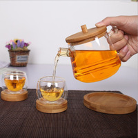 Théière en verre artisanale de 500 ml avec couvercle en bambou et plateau en bois, design classique écologique, cadeau de Nouvel An, infuseur à thé