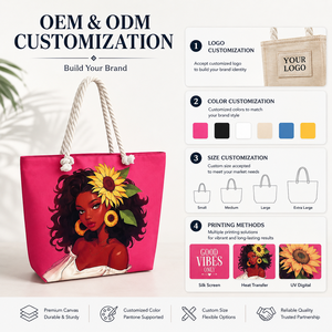 Sac fourre-tout en toile <span class=keywords><strong>rose</strong></span> grande capacité avec logo personnalisé et poignée en corde, sac de shopping en coton imprimé tendance pour femme, plage et voyage - Product Image 2