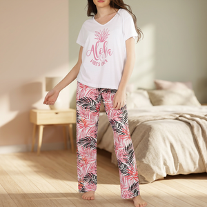 Pyjamas décontractés pour femmes à motif floral, fabrication ODM, en jersey 100 % coton doux et lisse, avec taille élastique, idéal pour l'été et le printemps - Product Image 3
