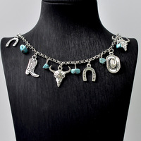 Western Style Cluster Charms Tête De Vache Cowboy Chapeau Botte Fer À Cheval Turquoise Pendentif Collier Bracelet Idée