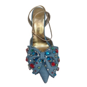 Sandales en jean pour femmes à talons aiguilles bleus, bout pointu, lanières à la cheville, ornées de diamants colorés - Product Image 6
