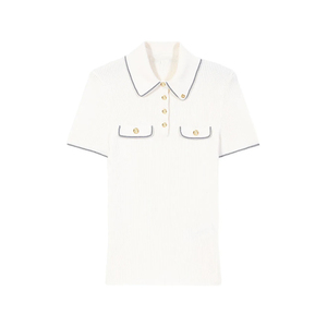 Date And <b>Party</b> Ribbed Knit Gold Knots Contrast Piping Short Sleeve Slim Knit <b>Shirt</b> for Women - Product Image 1