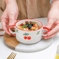 Bol à cuire en céramique créatif motif cerise, petit bol mignon à double anse pour petit-déjeuner, aliments pour bébé, œufs à la vapeur, riz