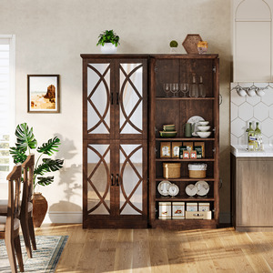 For Retro Solid Wood Living Room <strong>Cabinets</strong> <strong>Pantry</strong> <strong>Cabinet</strong> 4 Mirrored Doors Extendable Vintage Furniture - Product Image 5