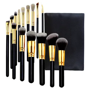 FIYAN Hot Selling Madeira Handle Vegen Cabelo Sintético 15 pcs Black Gold Private Label Profissional Make Up Brush Set Com Case