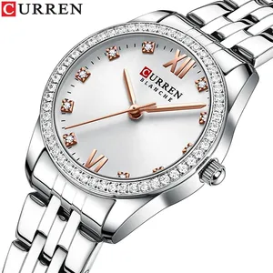 Классические наручные часы CURREN для женщин, часы с браслетом из нержавеющей стали, женские тонкие наручные часы со стразами и циферблатом, 9086