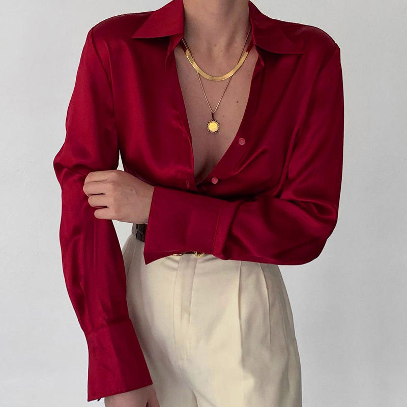 red satin long sleeve blouse