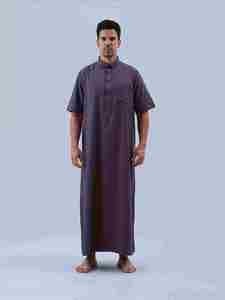 <b>Men's</b> Cotton <b>Thobe</b> Short Sleeve Ankle Length Stand Collar Modest Prayer Wear Solid Color Regular Fit All Seasons - Product Image 2