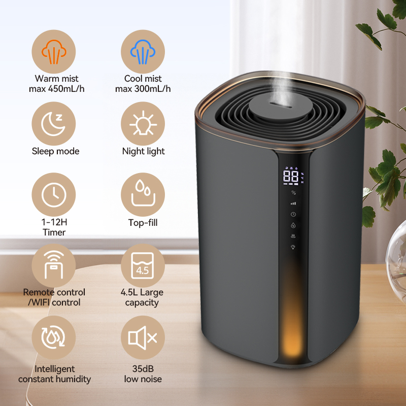Factory Direct Sale 4.5L Large-capacity Cool And Warm Mist Touch Screen No-leaking Air Ultrasonic Humidifier With Night Light