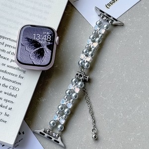 Bracelet de montre en fausses perles argentées, bracelet perlé en cristal en forme de cœur pour montre intelligente carrée, bracelet réglable pour femmes - Product Image 3