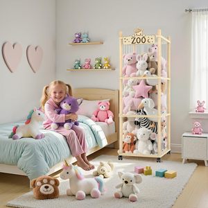 <span class=keywords><strong>Tour</strong></span> de <span class=keywords><strong>rangement</strong></span> pour animaux en peluche en bois de pin sur le thème du zoo, 56 pouces, avec <span class=keywords><strong>roulettes</strong></span>, support, bande élastique, fond en maille, organisateur de jouets pour la chambre - Product Image 2