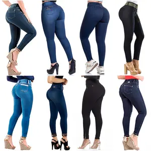 Amostra grátis de fábrica de remendos bordados personalizados e fecho de zíper jeans femininos para levantamento de quadril de cintura alta