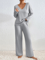 Ensemble décontracté 2 pièces pour femme : pull côtelé uni à col en V et pantalon ample à manches longues – Survêtement de haute qualité