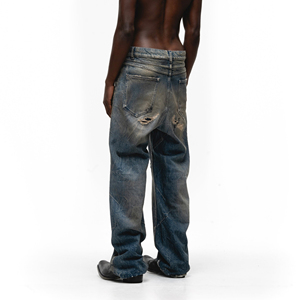 OEM <strong>Mens</strong> High Level <strong>Jeans</strong> 5-Pocket Style Button Fly Sun-Fade Dirty Wash Repaired <strong>Workers</strong> <strong>Jeans</strong> denim wholesale - Product Image 6