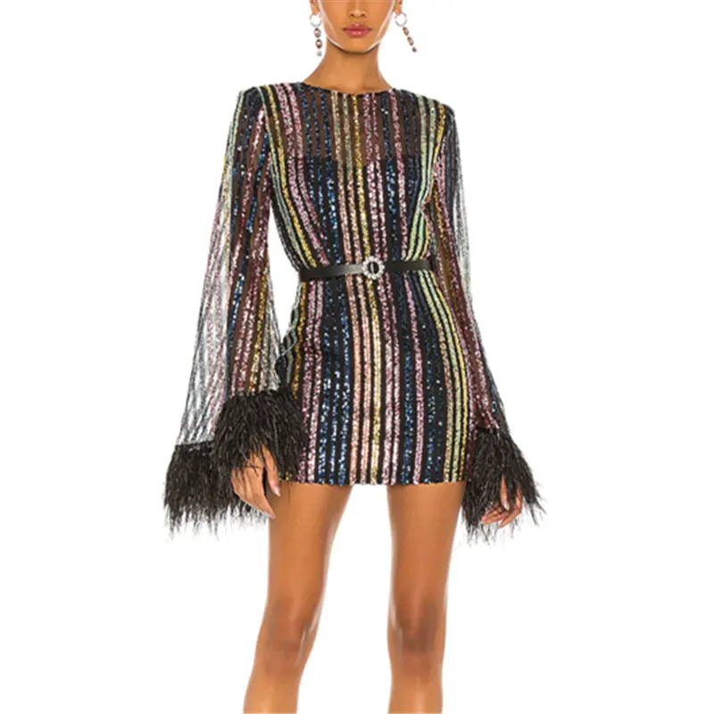 cocktail evening multi color sequin dress belted waist feather cuff mini short for night club party dress