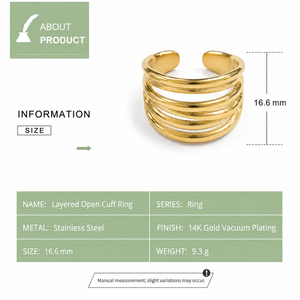 Anillo Abierto en Capas de Acero Inoxidable con Baño de Oro de 14K al Vacío, Anillo Escultural de Cinco Bandas en Colores Oro y Plata - Product Image 2