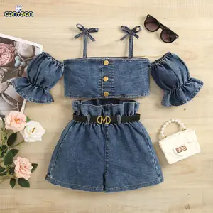 Conyson European Fashion Wholesale Summer Kids Single-Breasted Lantern Short Sleeve Bow Sling Two Pieces Suits Girl Clothes Set
