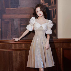 Champagne Bridesmaid Dress With Puff Sleeves Sweetheart Neckline Vintage Style Mid Length Polyester Fabric - Product Image 2