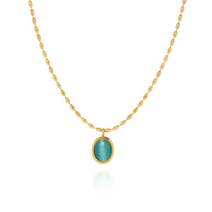 Cat's Eye Stone Oval Geometric Luxury Minimalist Pendant Necklace Stainless Steel 18K Gold Plated Link Color-Retaining Good - Product Image 2