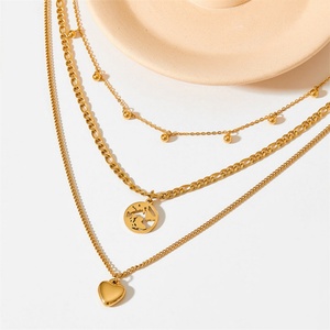 Bohemian Style Three-layer Necklace <b>love</b> Pendant Stainless Steel Hollowed Out Map Round Pendant Gold Clavicle Necklace for Women - Product Image 1