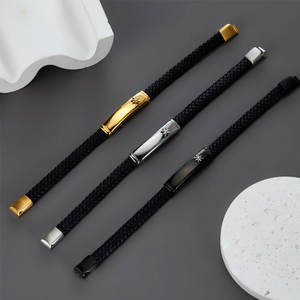 Bracelet pour homme en acier inoxydable 316l personnalisé, gravé, plaqué or 14k 18k, bracelet en cuir tressé multi-couches tendance pour homme - Product Image 2