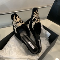 Chaussons rétro en daim à enfiler avec talons bas, bout carré, sandales brodées de fleurs, chaussures décontractées confortables pour femmes