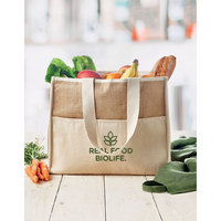 Sac isotherme personnalisé en jute lavable, style classique, imprimé sérigraphié, technique de couture, avec longue poignée, pour les courses quotidiennes
