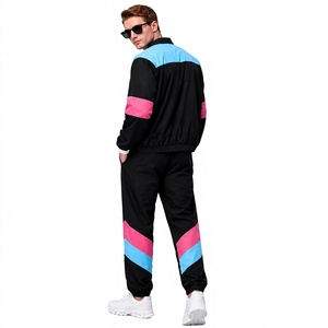 Conjunto Deportivo Retro para Hombre, Color Block, Negro, Rosa y Azul, Chaqueta con Cordón, Pantalones Jogger, Ropa Deportiva Informal, 100% Algodón, Secado Rápido - Product Image 2