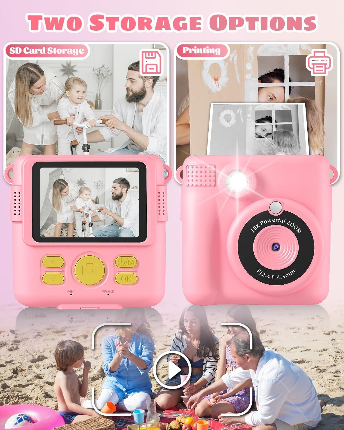 Appareil Photo Instantané Enfant 1080P – écran 2.4 Pouces, Carte 32Go, Papier Imprimé, Cadeau 3-14 Ans Filles Garçons