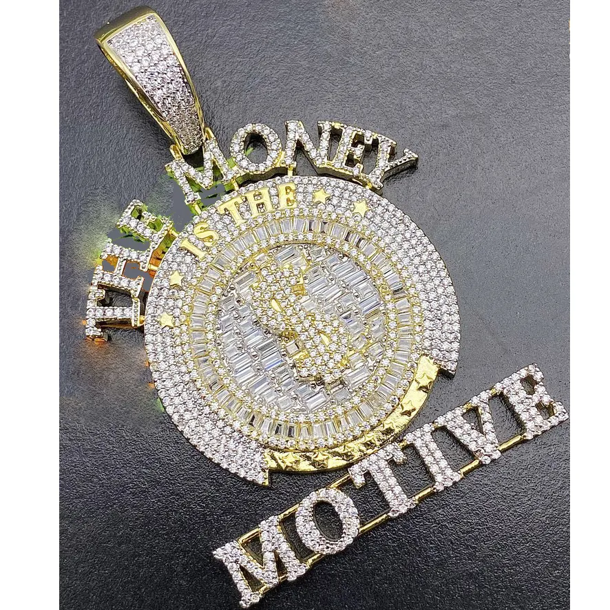 Iced Out Bling Letters De Geld Motief Hanger Ketting Verzilverd 5A Zirkoon Ronde Charm Kettingen Mannen Hip Hop sieraden