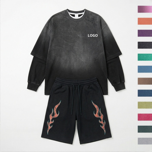 Conjunto de <span class=keywords><strong>2</strong></span> Piezas de Ropa Urbana para Hombre, Camiseta de Manga Larga con Lavado Ácido y Efecto Desgastado, Pantalones Cortos con Efecto Desteñido por el Sol, Diseño Personalizado OEM, TKAN843 - Product Image 1