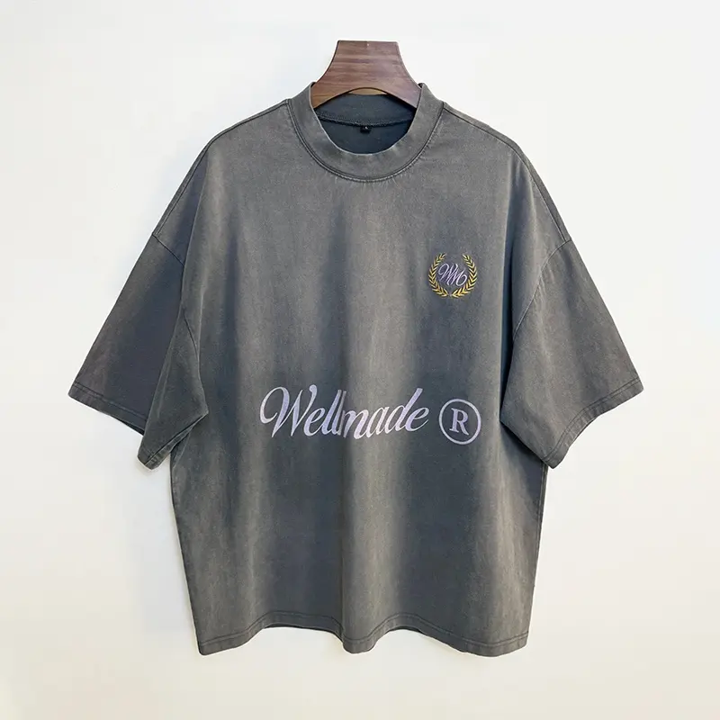Algodón orgánico streetwear boxy camiseta vintage desteñido en caja cuello falso camiseta hombres 250 GSM camiseta
