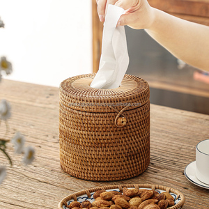 Round Rattan Tissue Box Cover home Decorative acial Tissue Holder with Top Lid