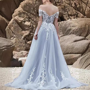 Abito da sposa personalizzato vintage con scollo a barchetta, linea ad A, <span class=keywords><strong>in</strong></span> <span class=keywords><strong>tulle</strong></span>, elegante, con cerniera posteriore, lunghezza al pavimento, strascico, per ballo di fine anno - Product Image 4