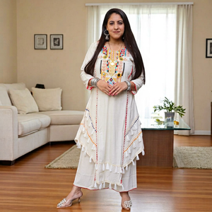 Salwar Kameez en coton Khadi blanc, tenue ethnique indienne embossée, robe à franges pour femmes, tenue de soirée, séchage rapide, toutes saisons - Product Image 1