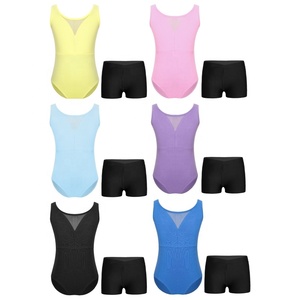 Justaucorps et short de danse pour filles, en tissu extensible, <span class=keywords><strong>col</strong></span> en V, sans manches, 2 pièces, tenue de danse d'entraînement, ballet pour débutantes, personnalisable - Product Image 1