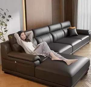 Sofa kulit mewah ringan Italia dengan lapisan atas kulit sapi, furnitur ruang tamu selir kanan dan kiri modern dan sederhana