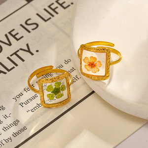 yunnique Gold Plated <b>Titanium</b> Steel <b>Ring</b> With Dried Flower Inlay Geometric Shape Unisex Fashion Jewelry Gift - Product Image 1