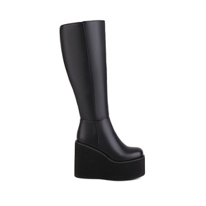 Custom Plus Size Round Toe <b>Knee</b> <b>High</b> Zip Ladies Thick Sole Platform Women Wedges Boots - Product Image 5