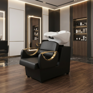 Sillón de Lavacabezas de Lujo Negro y Dorado con Lavabo de Cerámica para Salón de Belleza y Barbería - Product Image 2